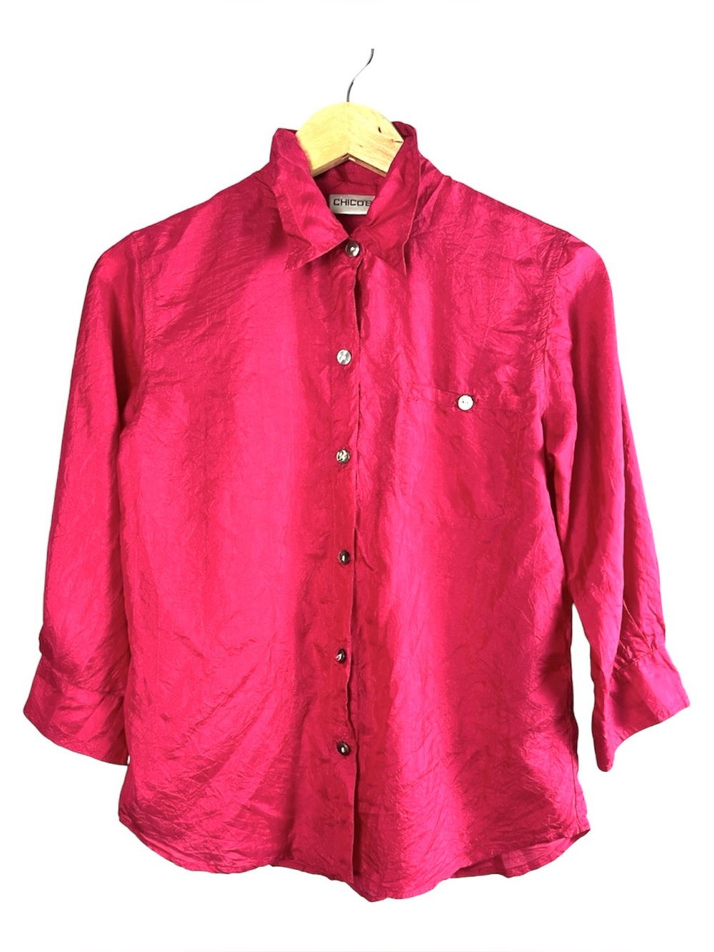 Chico's Hot Pink 100% Silk Button Down Blouse Shirt 3/4 Sleeve Size 0 (S)